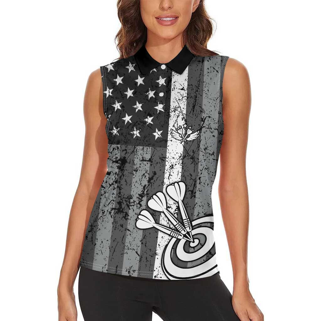 Grunge American Flag Darts Women Sleeveless Polo Shirt with Dartboard Target and Black White Stars - Wonder Print Shop