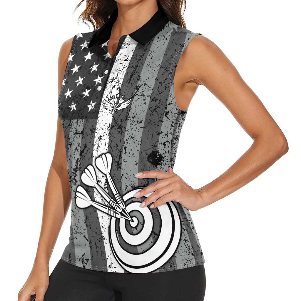 Grunge American Flag Darts Women Sleeveless Polo Shirt with Dartboard Target and Black White Stars - Wonder Print Shop