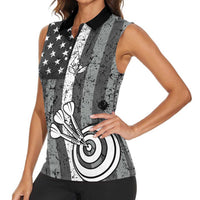 Grunge American Flag Darts Women Sleeveless Polo Shirt with Dartboard Target and Black White Stars - Wonder Print Shop