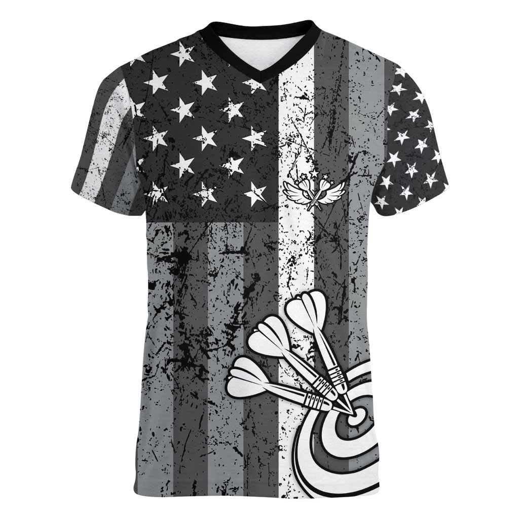 Grunge American Flag Darts Women V-Neck T-Shirt with Dartboard Target and Black White Stars - Wonder Print Shop