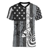 Grunge American Flag Darts Women V-Neck T-Shirt with Dartboard Target and Black White Stars - Wonder Print Shop