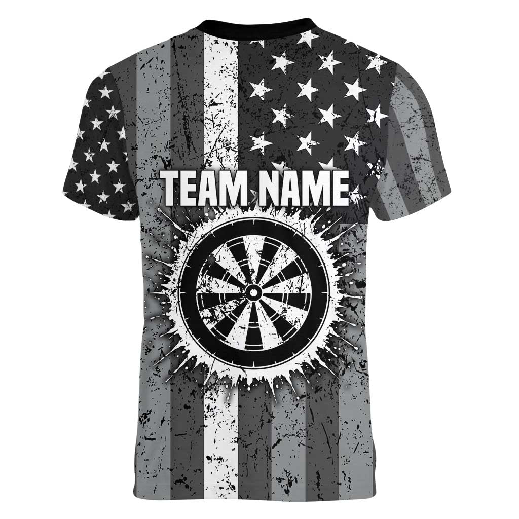 Grunge American Flag Darts Women V-Neck T-Shirt with Dartboard Target and Black White Stars - Wonder Print Shop