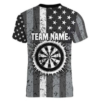Grunge American Flag Darts Women V-Neck T-Shirt with Dartboard Target and Black White Stars - Wonder Print Shop