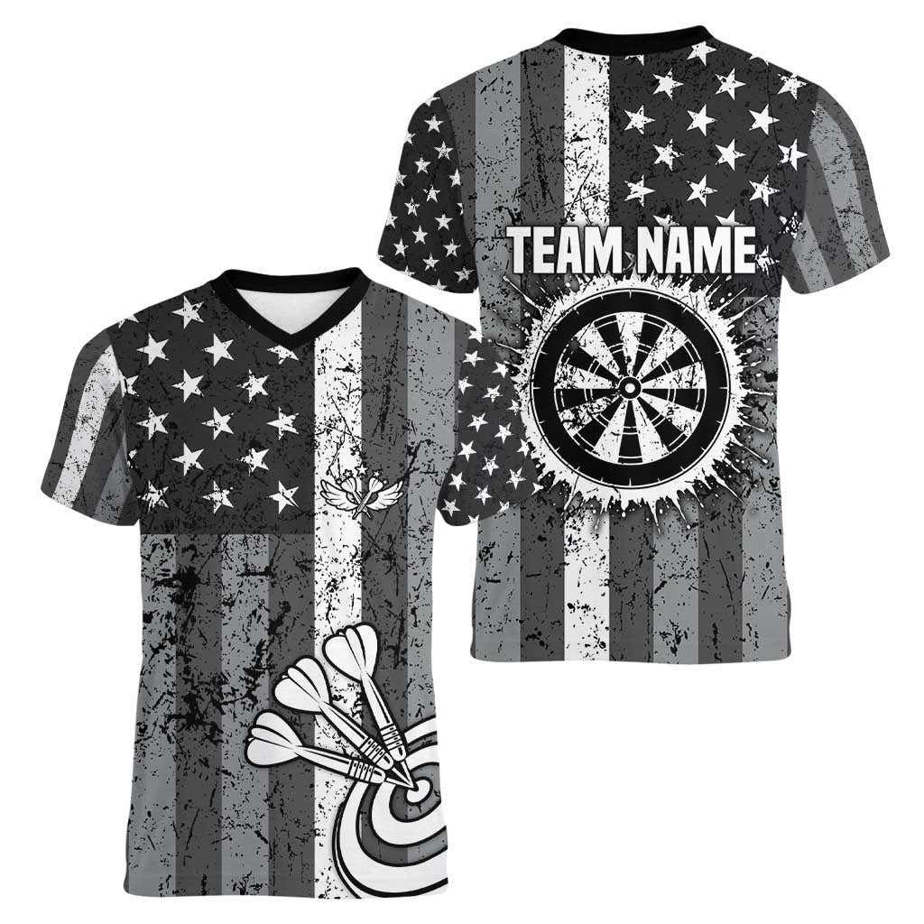Grunge American Flag Darts Women V-Neck T-Shirt with Dartboard Target and Black White Stars - Wonder Print Shop