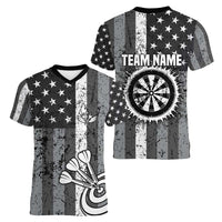 Grunge American Flag Darts Women V-Neck T-Shirt with Dartboard Target and Black White Stars - Wonder Print Shop