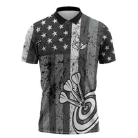 Grunge American Flag Darts Zipper Polo Shirt with Dartboard Target and Black White Stars - Wonder Print Shop