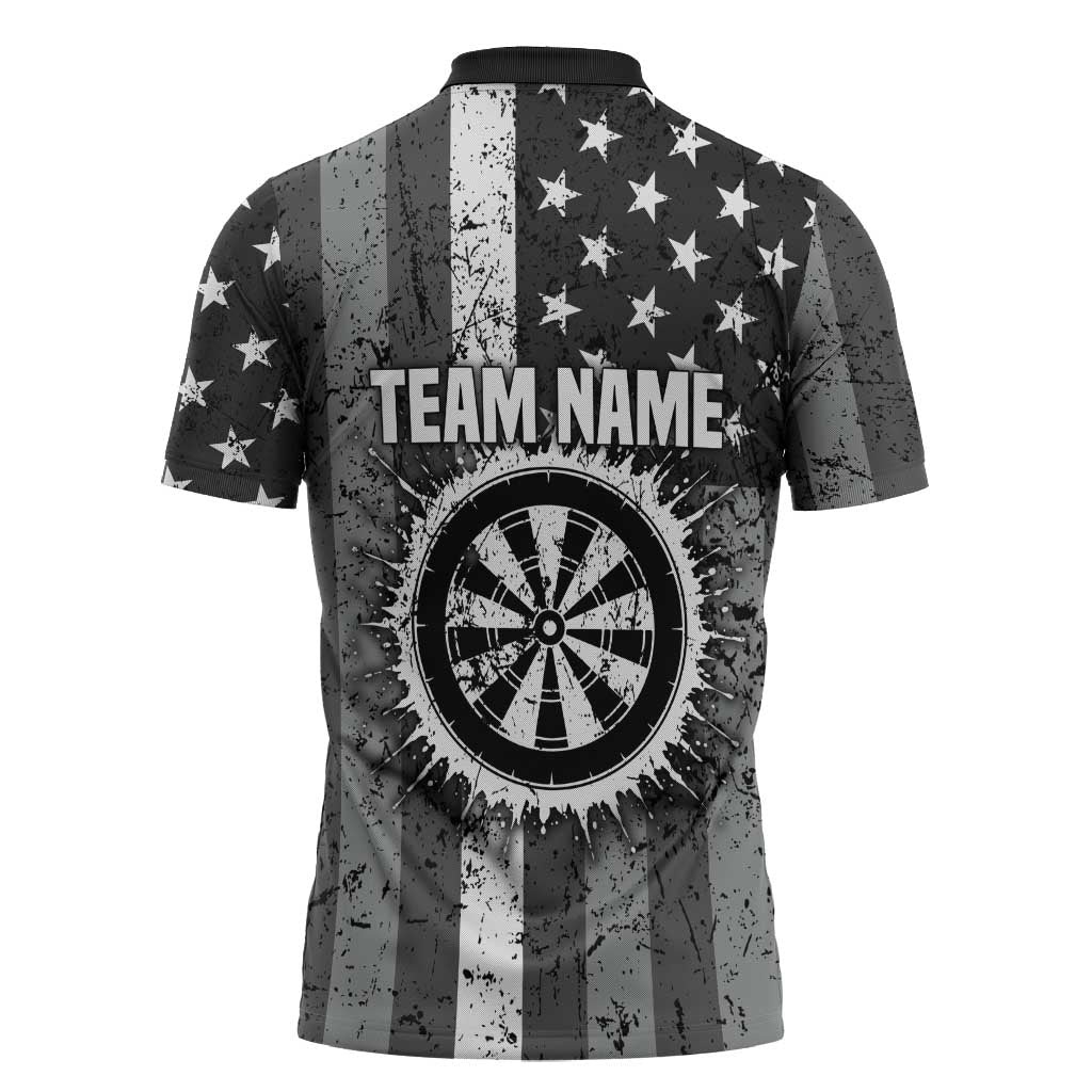 Grunge American Flag Darts Zipper Polo Shirt with Dartboard Target and Black White Stars - Wonder Print Shop