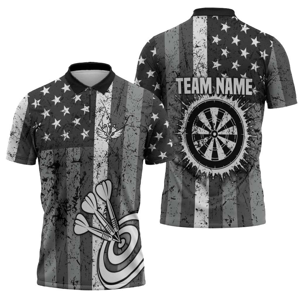 Grunge American Flag Darts Zipper Polo Shirt with Dartboard Target and Black White Stars - Wonder Print Shop