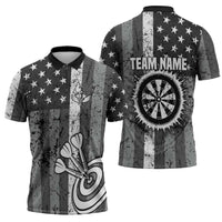 Grunge American Flag Darts Zipper Polo Shirt with Dartboard Target and Black White Stars - Wonder Print Shop