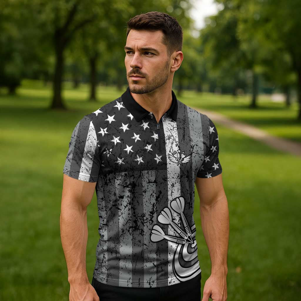 Grunge American Flag Darts Zipper Polo Shirt with Dartboard Target and Black White Stars - Wonder Print Shop