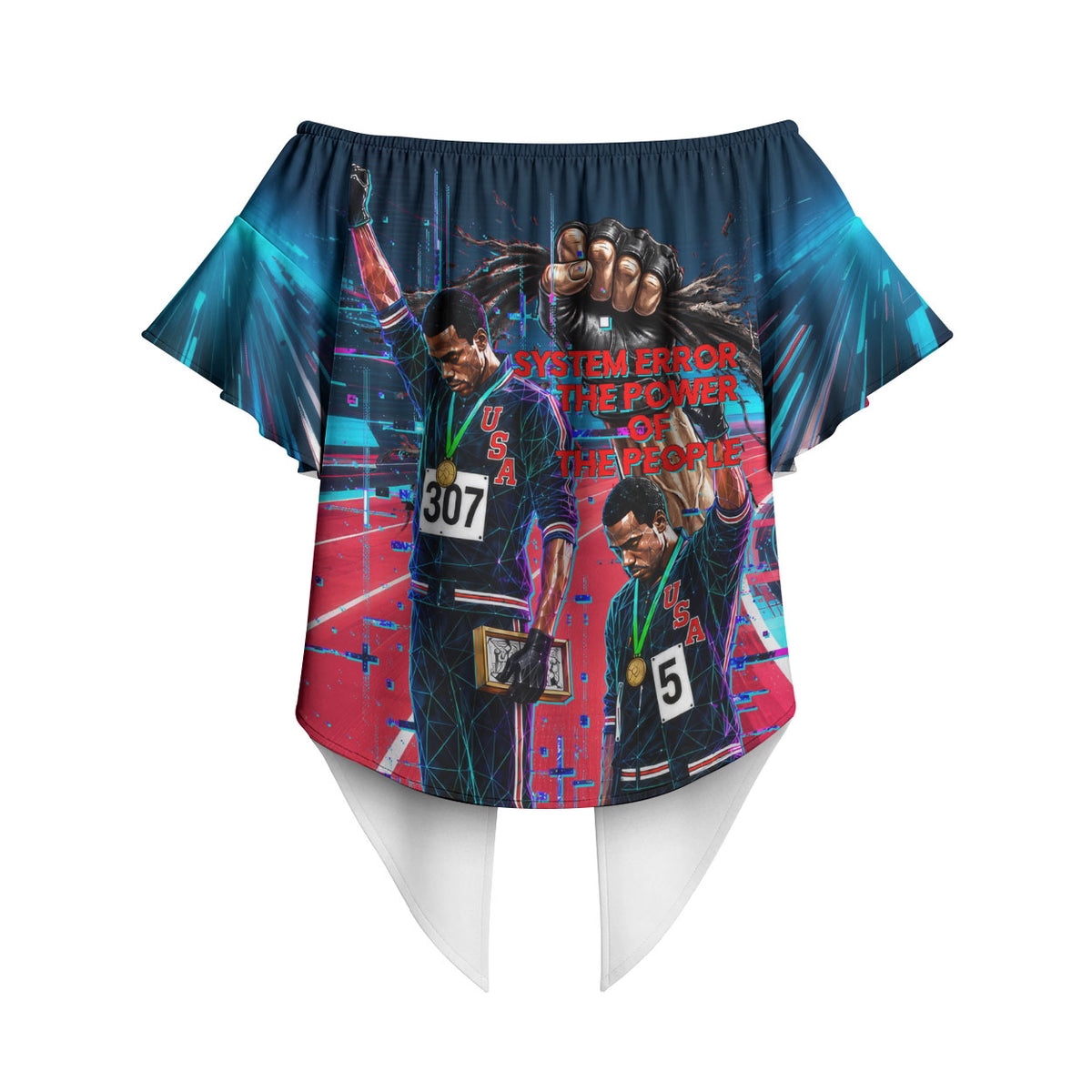 African American 1968 Black Power Salute Off Shoulder Wrap Waist Top Retro Cyberpunk Sci-Fi Tech Civil Rights Art