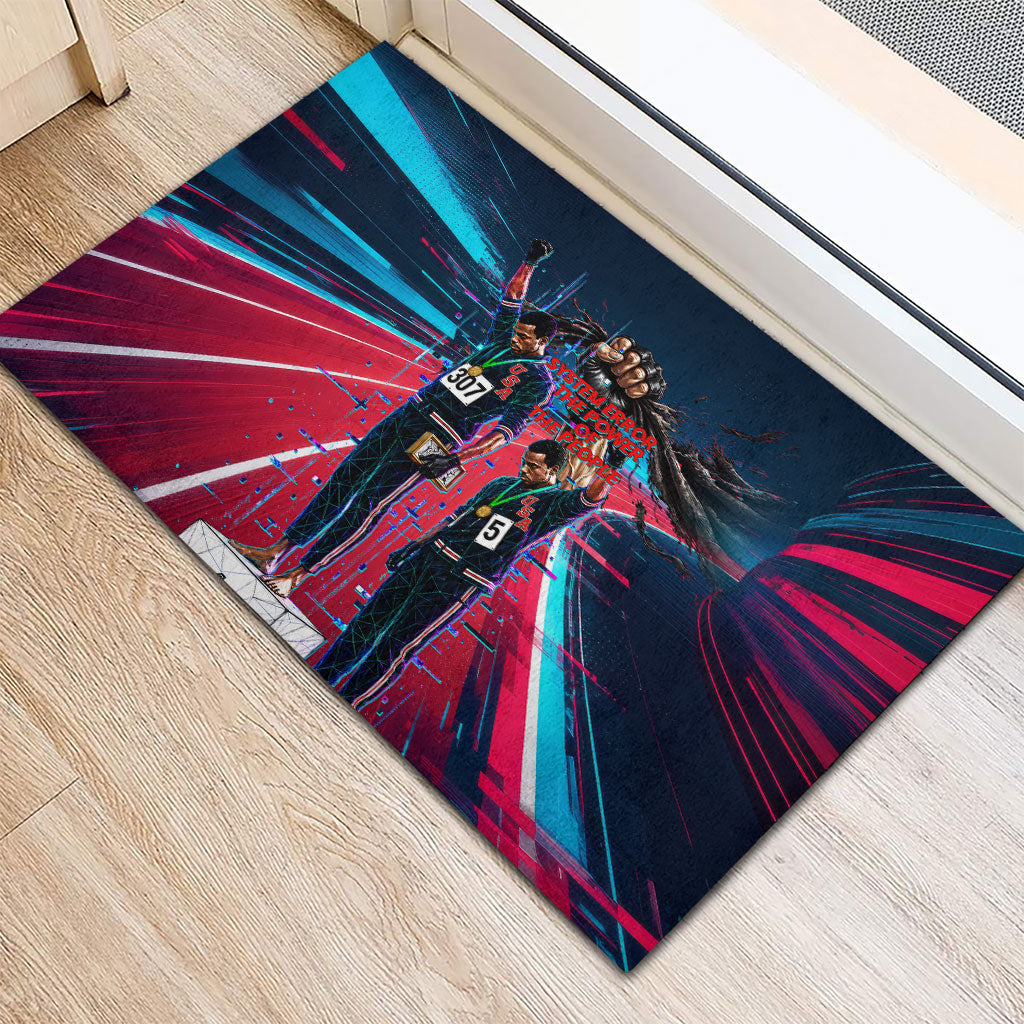 African American 1968 Black Power Salute Rubber Doormat Retro Cyberpunk Sci-Fi Tech Civil Rights Art