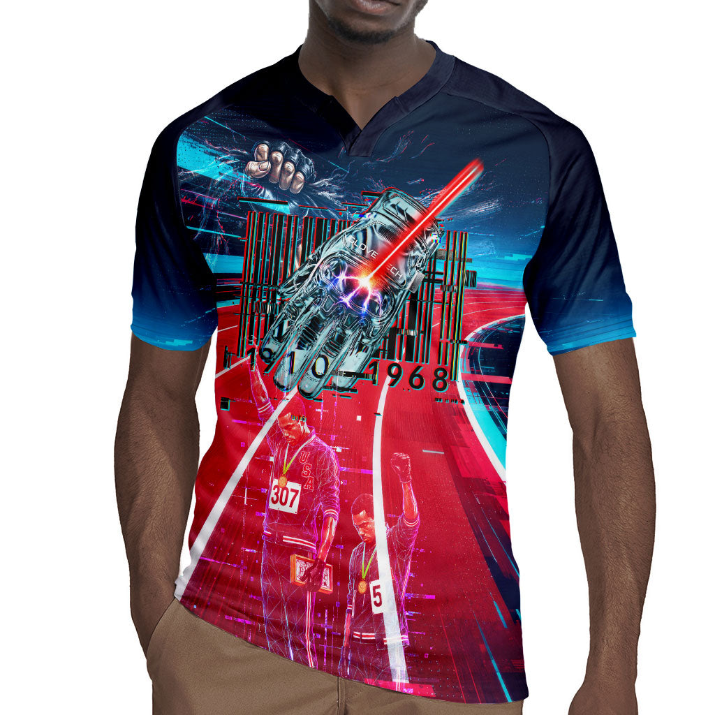 African American 1968 Black Power Salute Rugby Jersey Retro Cyberpunk Sci-Fi Tech Civil Rights Art