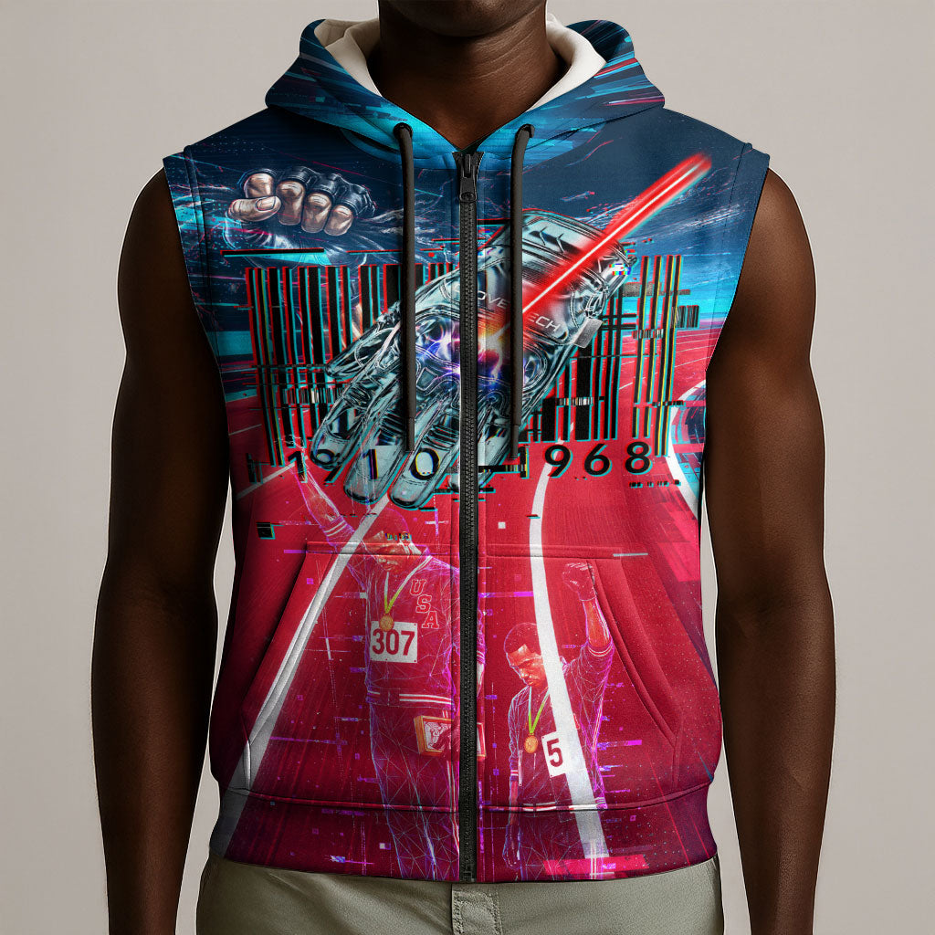 African American 1968 Black Power Salute Sleeveless Zip Hoodie Retro Cyberpunk Sci-Fi Tech Civil Rights Art