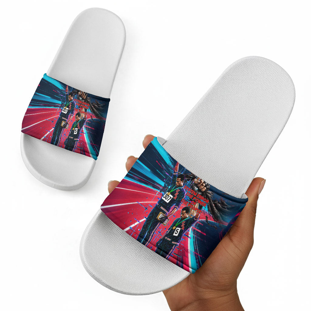 African American 1968 Black Power Salute Slide Sandals Retro Cyberpunk Sci-Fi Tech Civil Rights Art