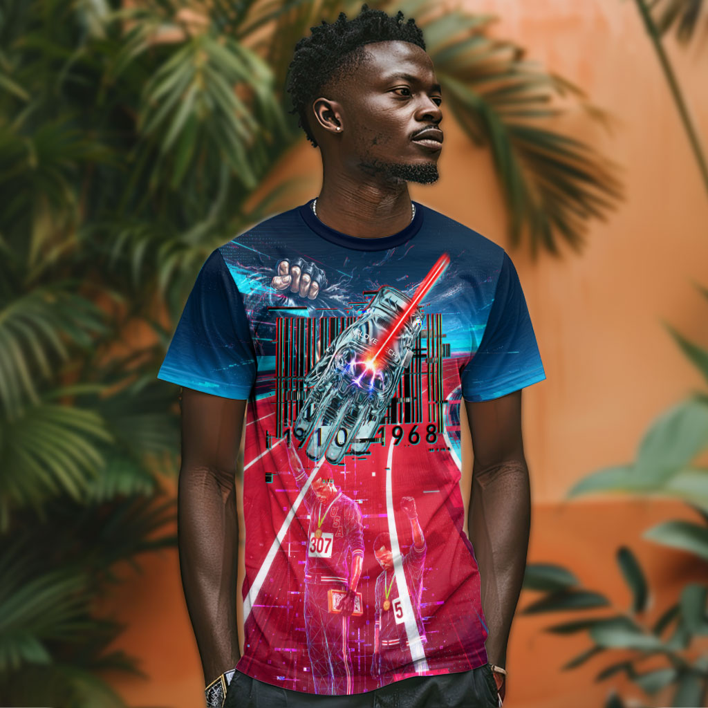 African American 1968 Black Power Salute T shirt Retro Cyberpunk Sci-Fi Tech Civil Rights Art