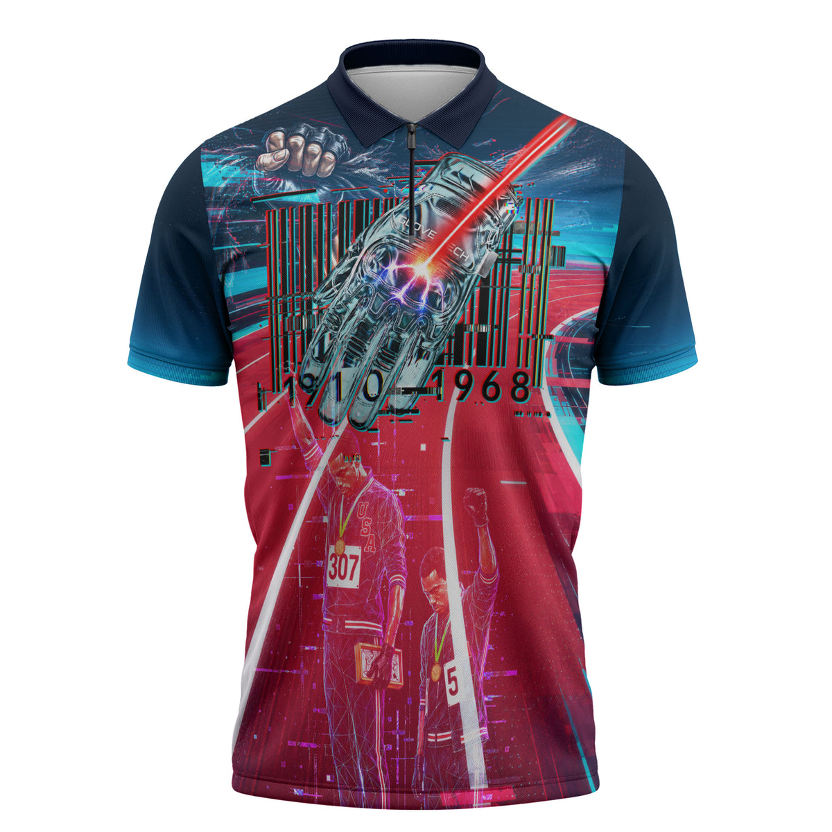 African American 1968 Black Power Salute Zipper Polo Shirt Retro Cyberpunk Sci-Fi Tech Civil Rights Art