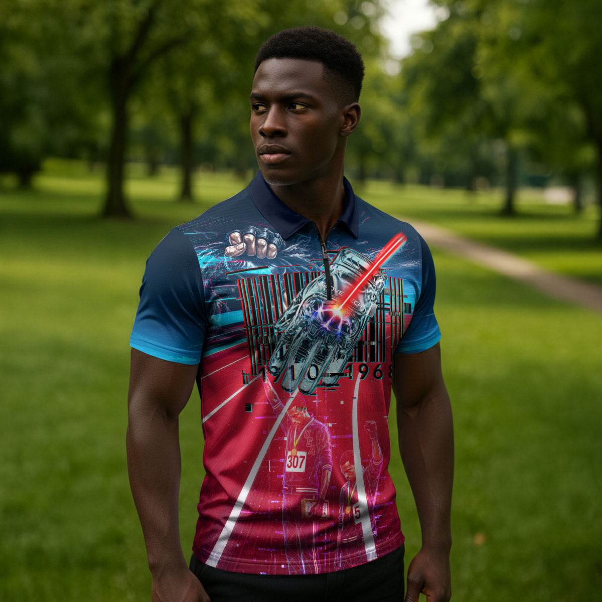 African American 1968 Black Power Salute Zipper Polo Shirt Retro Cyberpunk Sci-Fi Tech Civil Rights Art