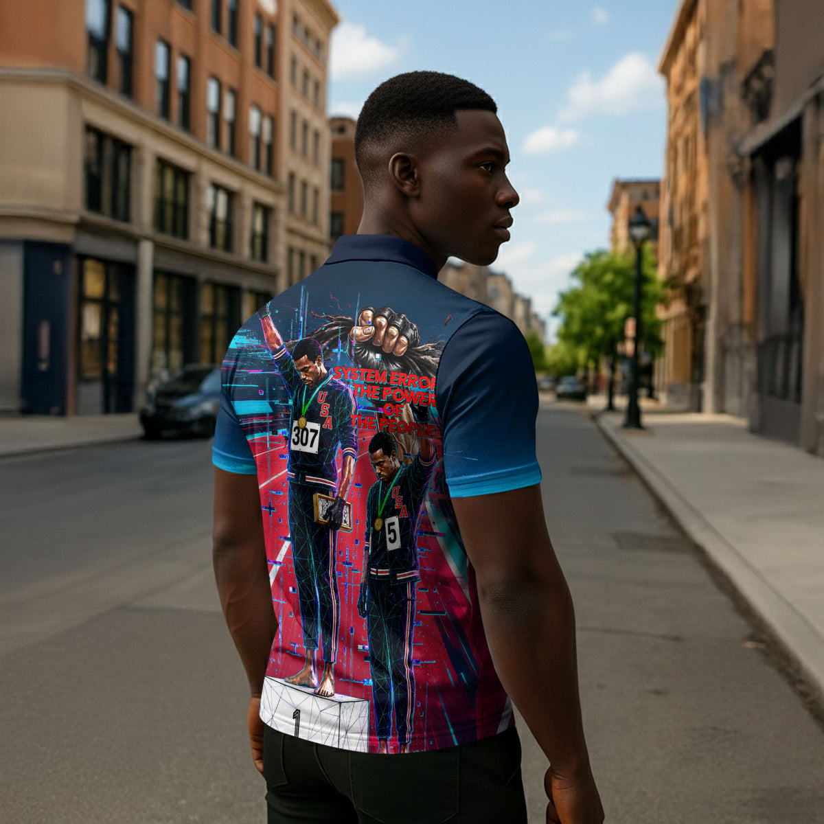 African American 1968 Black Power Salute Zipper Polo Shirt Retro Cyberpunk Sci-Fi Tech Civil Rights Art