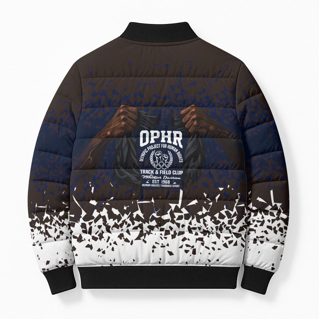 Black Power Salute African Human Rights Bomber Puffer Jacket Civil Rights Movement OPHR Mexico City 1968 Retro