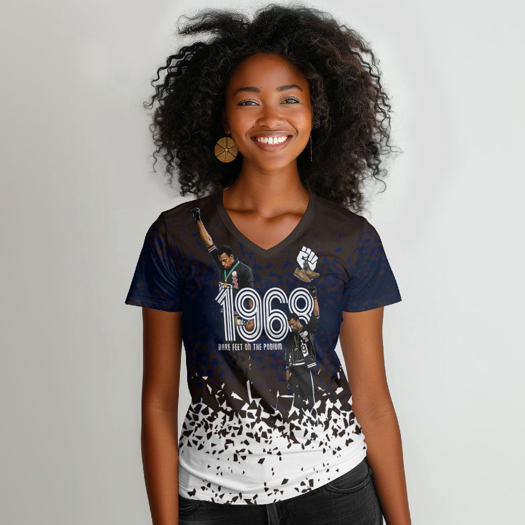 Black Power Salute African Human Rights Women V-Neck T-Shirt Civil Rights Movement OPHR Mexico City 1968 Retro