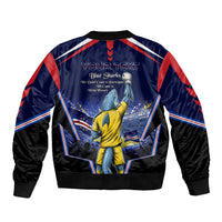 Personalized Cape Verde Blue Sharks Sleeve Zip Bomber Jacket African Pride Dynamic Stadium Soccer Graphic Art