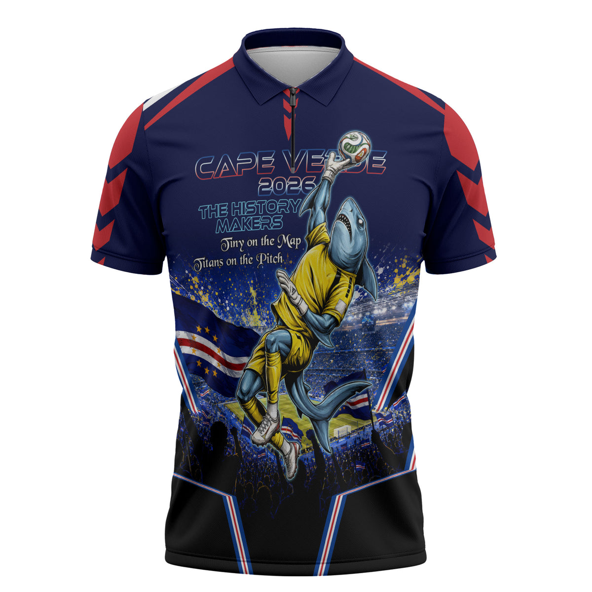 Personalized Cape Verde Blue Sharks Zipper Polo Shirt African Pride Dynamic Stadium Soccer Graphic Art