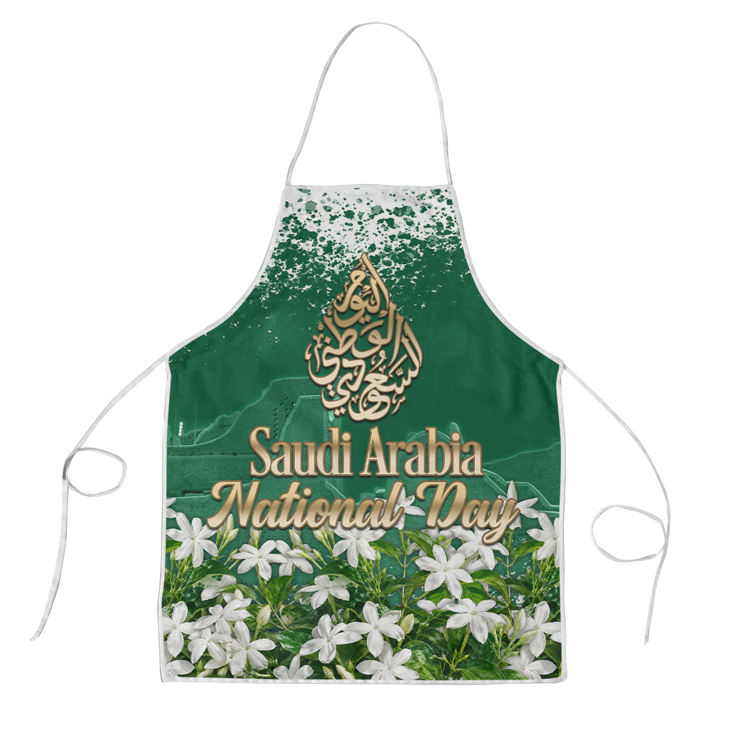Saudi Arabia National Day Apron White Jasmine Arabic Calligraphy Cultural Pride
