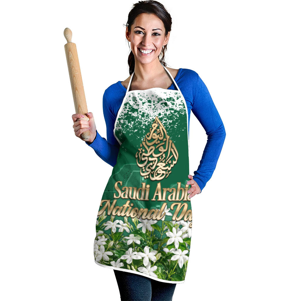 Saudi Arabia National Day Apron White Jasmine Arabic Calligraphy Cultural Pride