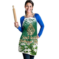 Saudi Arabia National Day Apron White Jasmine Arabic Calligraphy Cultural Pride