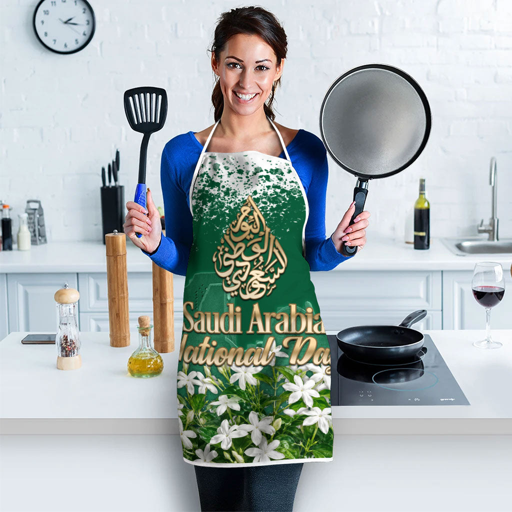 Saudi Arabia National Day Apron White Jasmine Arabic Calligraphy Cultural Pride