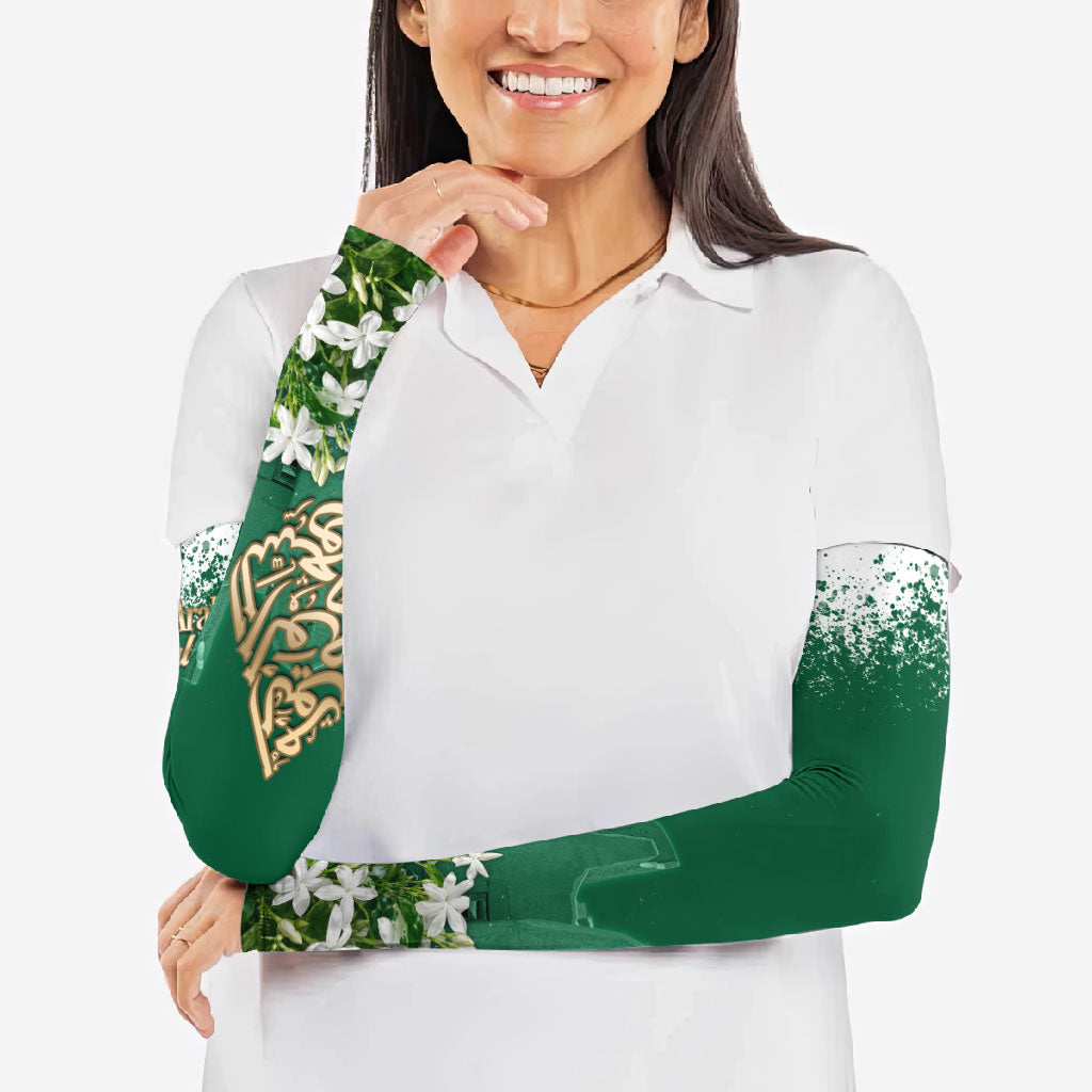 Saudi Arabia National Day Arm Sleeves White Jasmine Arabic Calligraphy Cultural Pride