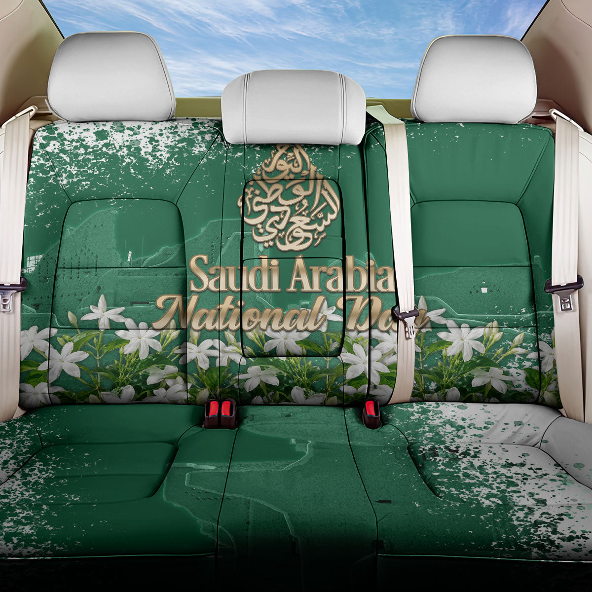 Saudi Arabia National Day Back Car Seat Cover White Jasmine Arabic Calligraphy Cultural Pride