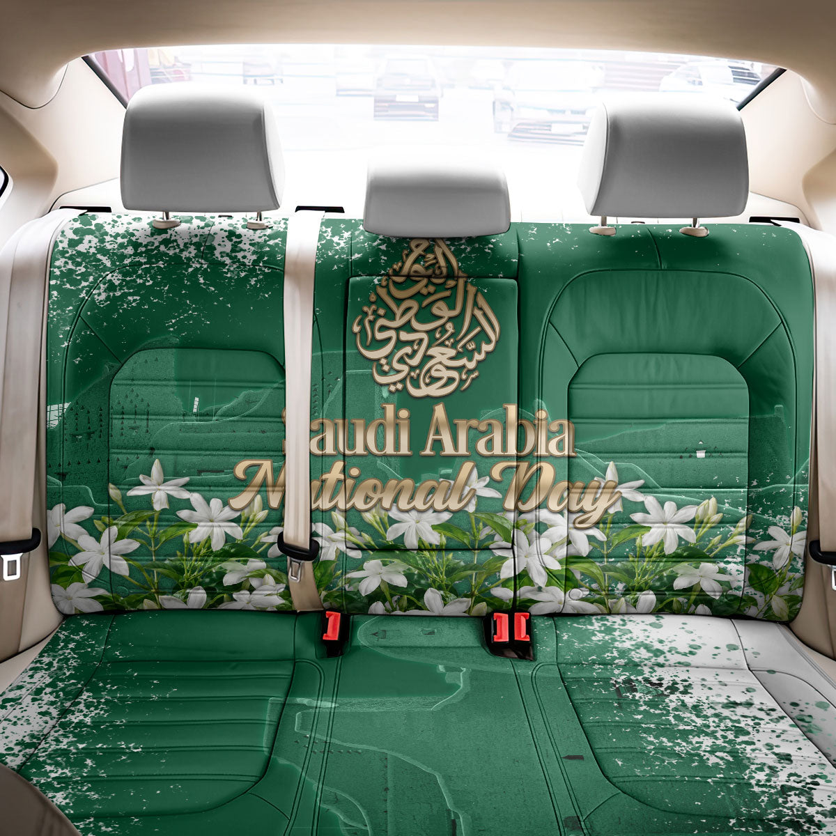 Saudi Arabia National Day Back Car Seat Cover White Jasmine Arabic Calligraphy Cultural Pride