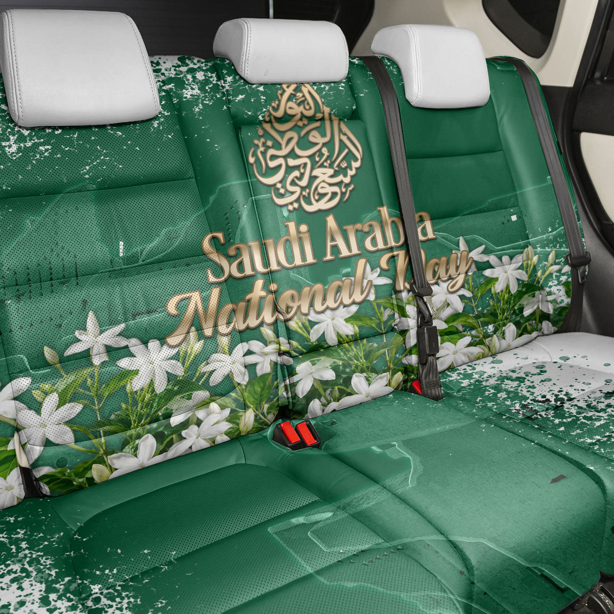 Saudi Arabia National Day Back Car Seat Cover White Jasmine Arabic Calligraphy Cultural Pride
