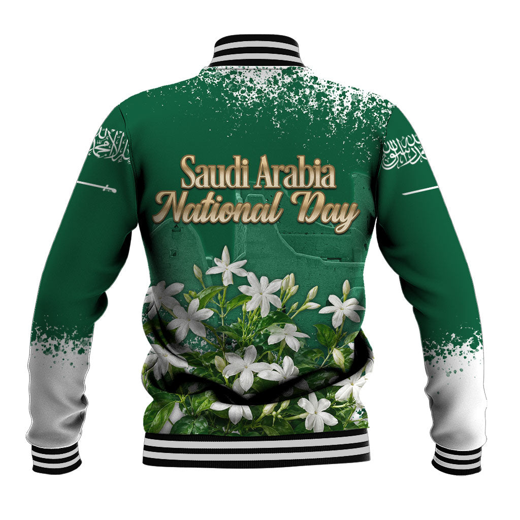 Saudi Arabia National Day Baseball Jacket White Jasmine Arabic Calligraphy Cultural Pride