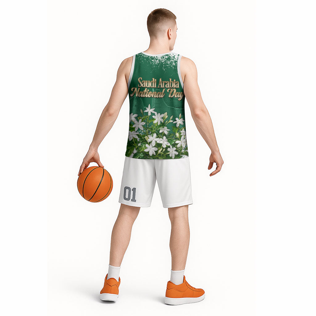 Saudi Arabia National Day Basketball Jersey White Jasmine Arabic Calligraphy Cultural Pride