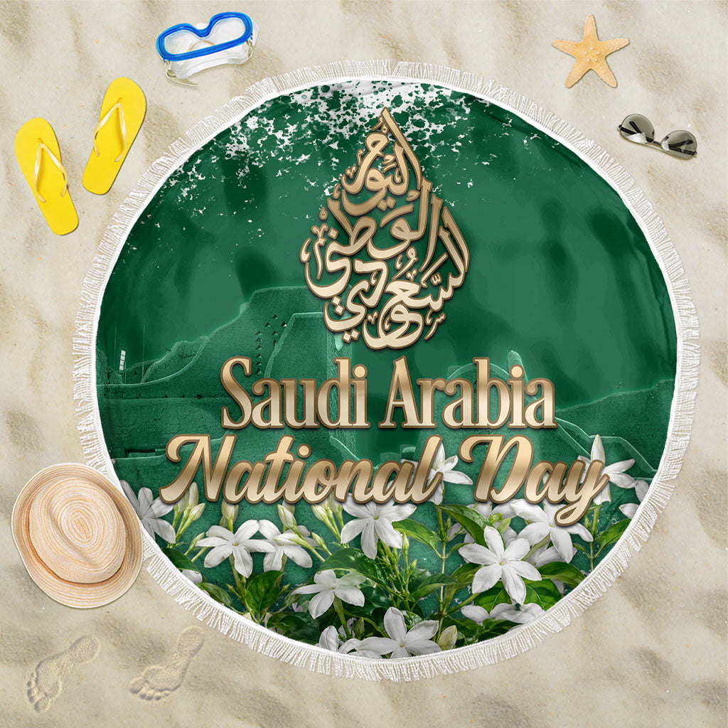 Saudi Arabia National Day Beach Blanket White Jasmine Arabic Calligraphy Cultural Pride