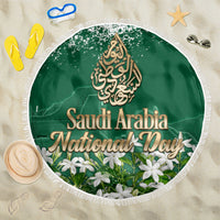 Saudi Arabia National Day Beach Blanket White Jasmine Arabic Calligraphy Cultural Pride
