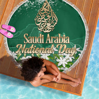 Saudi Arabia National Day Beach Blanket White Jasmine Arabic Calligraphy Cultural Pride