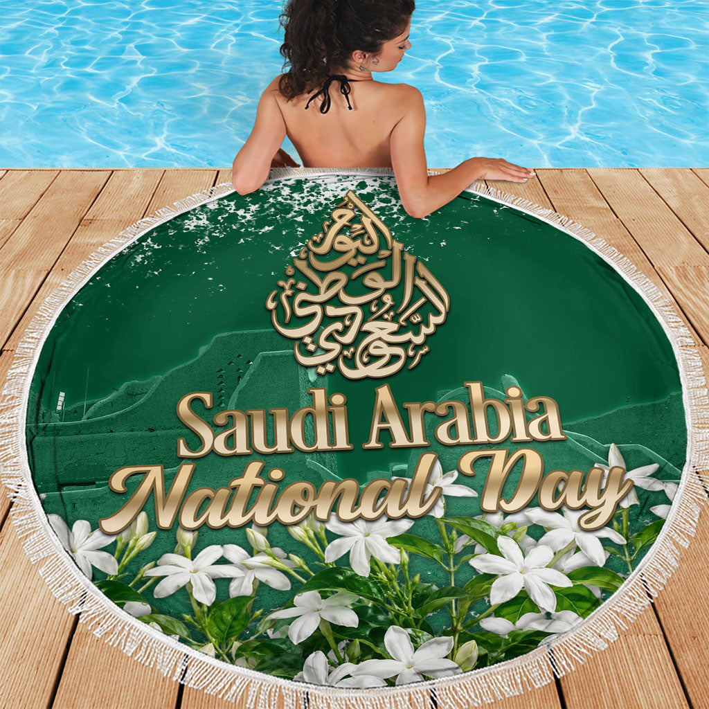 Saudi Arabia National Day Beach Blanket White Jasmine Arabic Calligraphy Cultural Pride