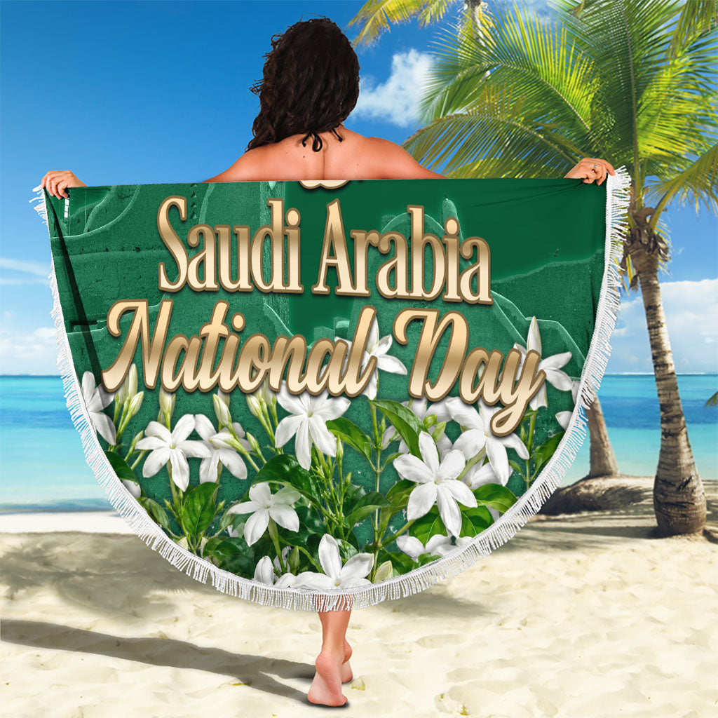 Saudi Arabia National Day Beach Blanket White Jasmine Arabic Calligraphy Cultural Pride