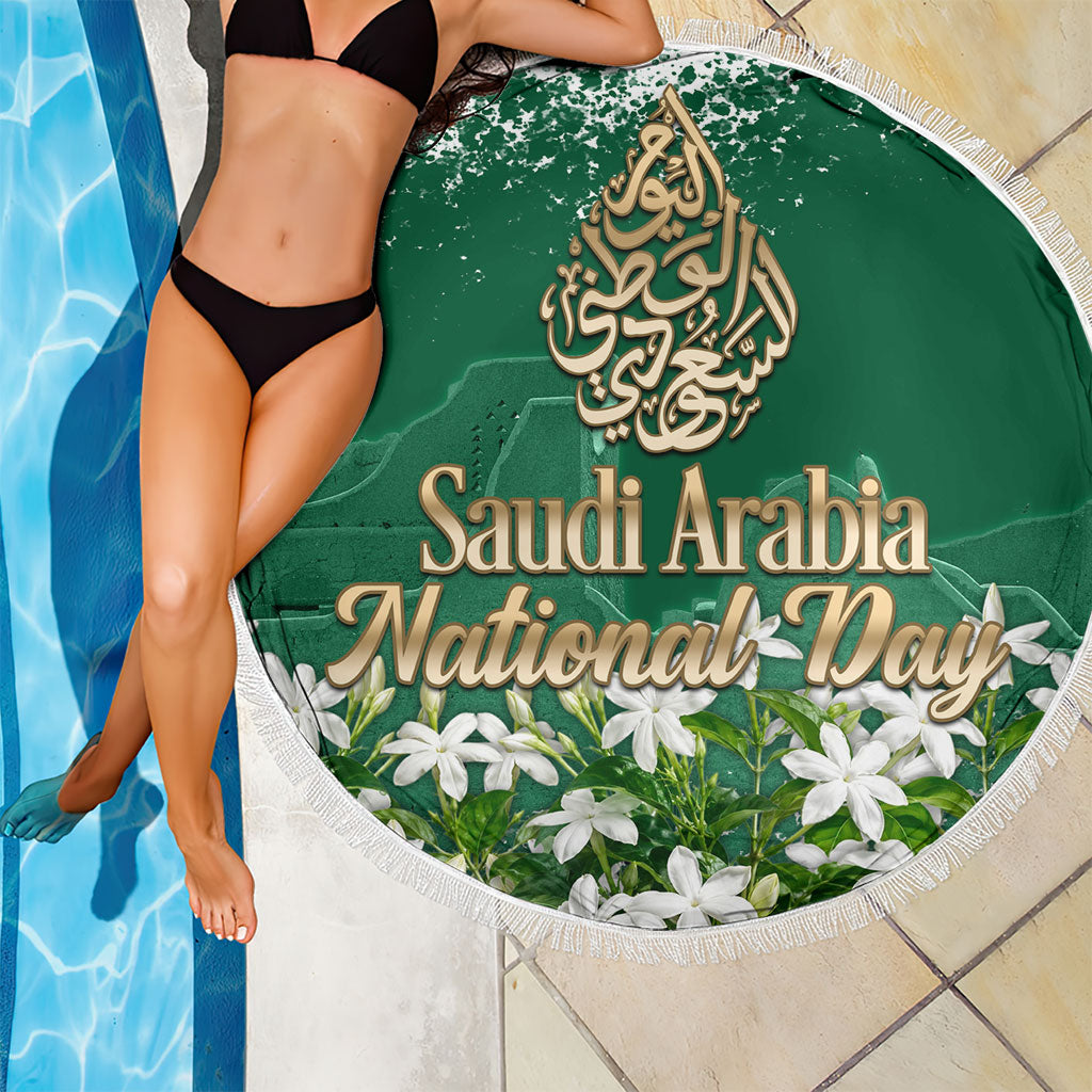 Saudi Arabia National Day Beach Blanket White Jasmine Arabic Calligraphy Cultural Pride