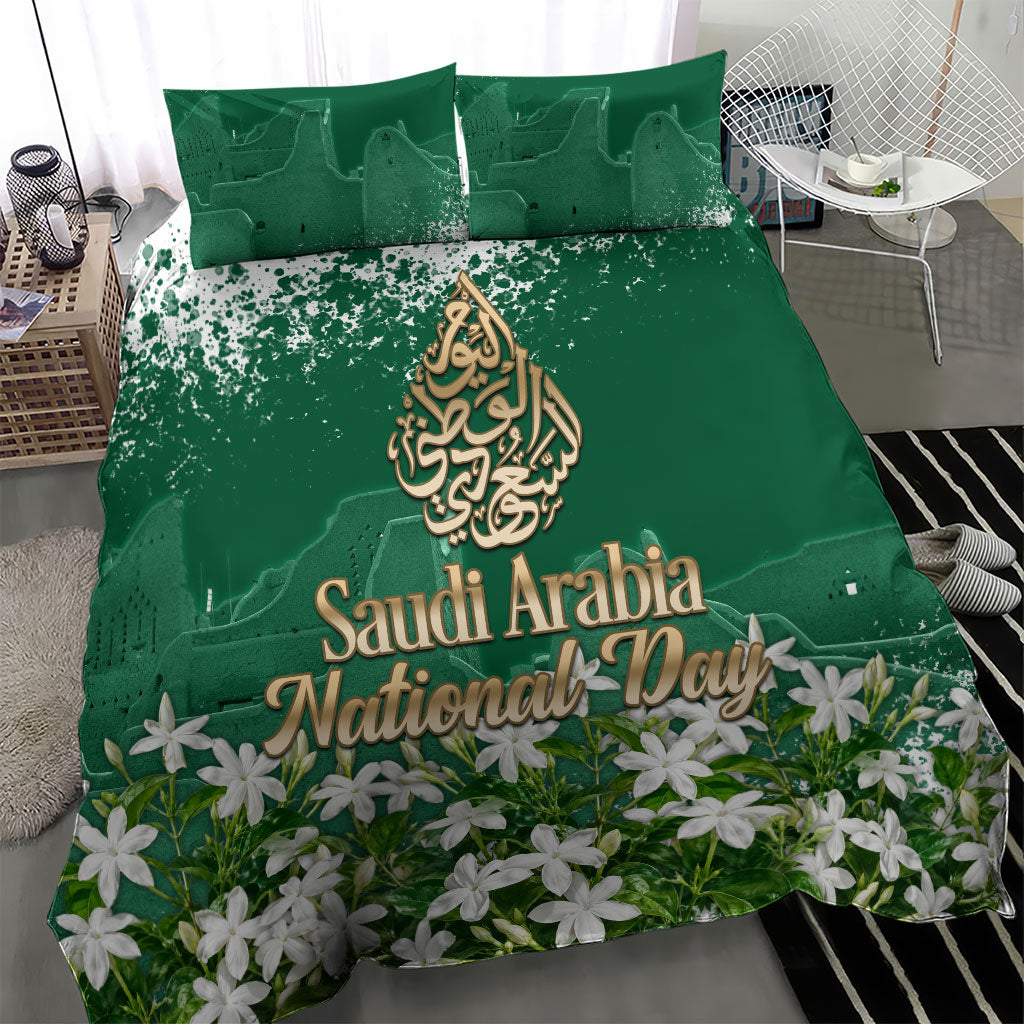 Saudi Arabia National Day Bedding Set White Jasmine Arabic Calligraphy Cultural Pride