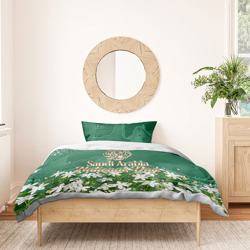 Saudi Arabia National Day Bedding Set White Jasmine Arabic Calligraphy Cultural Pride