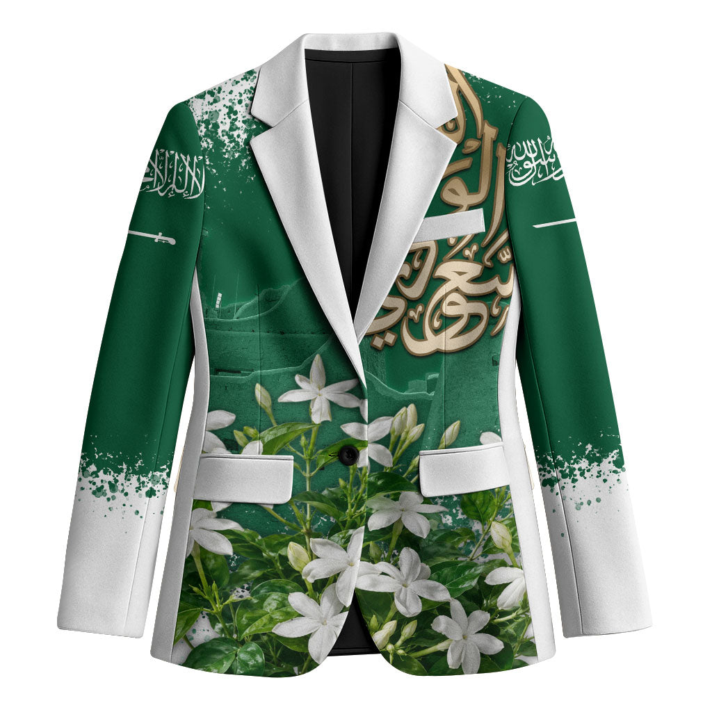 Saudi Arabia National Day Blazer White Jasmine Arabic Calligraphy Cultural Pride