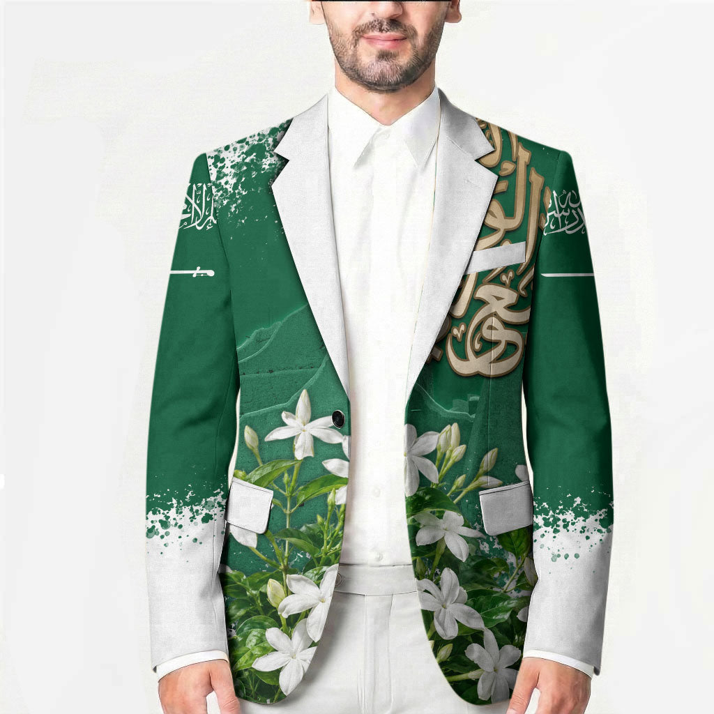 Saudi Arabia National Day Blazer White Jasmine Arabic Calligraphy Cultural Pride