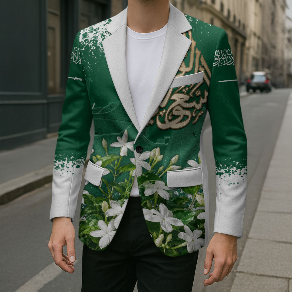 Saudi Arabia National Day Blazer White Jasmine Arabic Calligraphy Cultural Pride