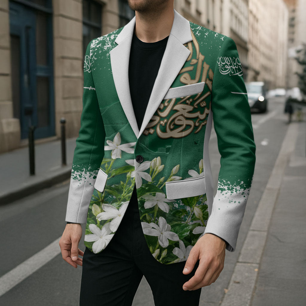 Saudi Arabia National Day Blazer White Jasmine Arabic Calligraphy Cultural Pride