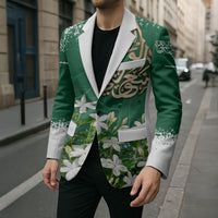 Saudi Arabia National Day Blazer White Jasmine Arabic Calligraphy Cultural Pride